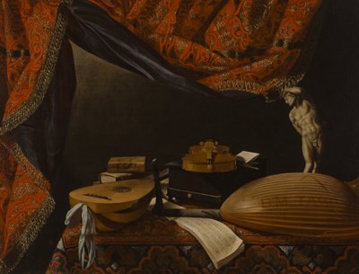 Still Life with Musical Instruments, Books and Sculpture by Evaristo Baschenis